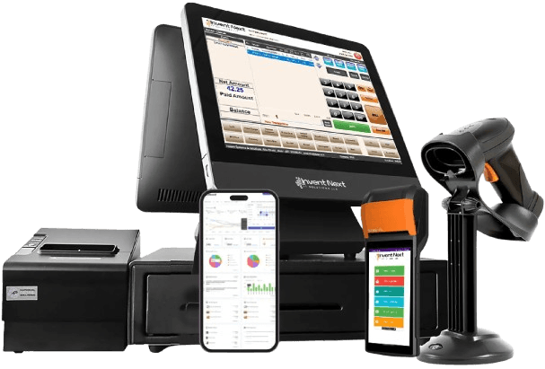 DigitalPOS complete counter setup with monitor, receipt printer, barcode scanner, and cash drawer