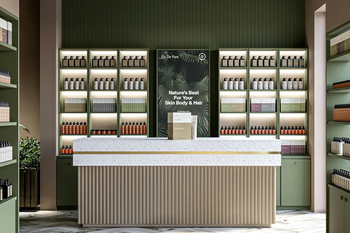 Modern cosmetics and beauty store interior with product shelves