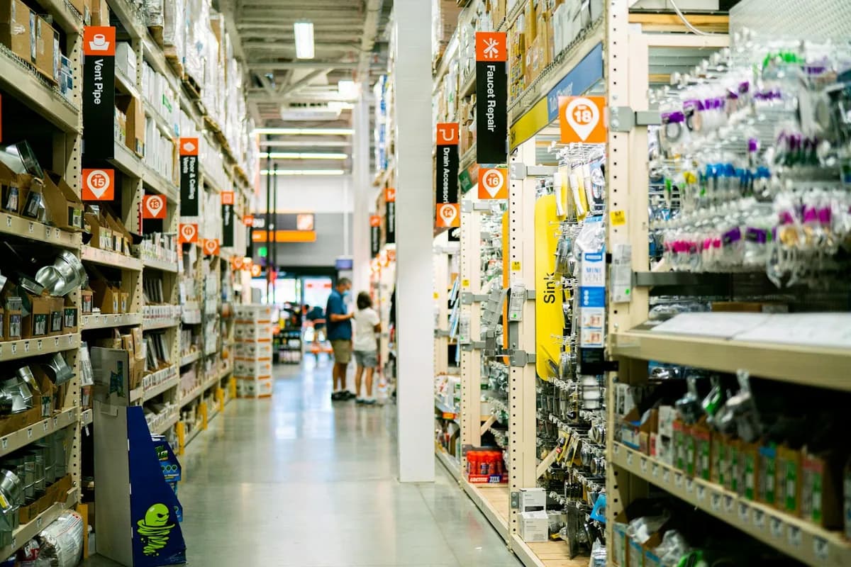 Hardware store aisle with shelves of tools and building supplies